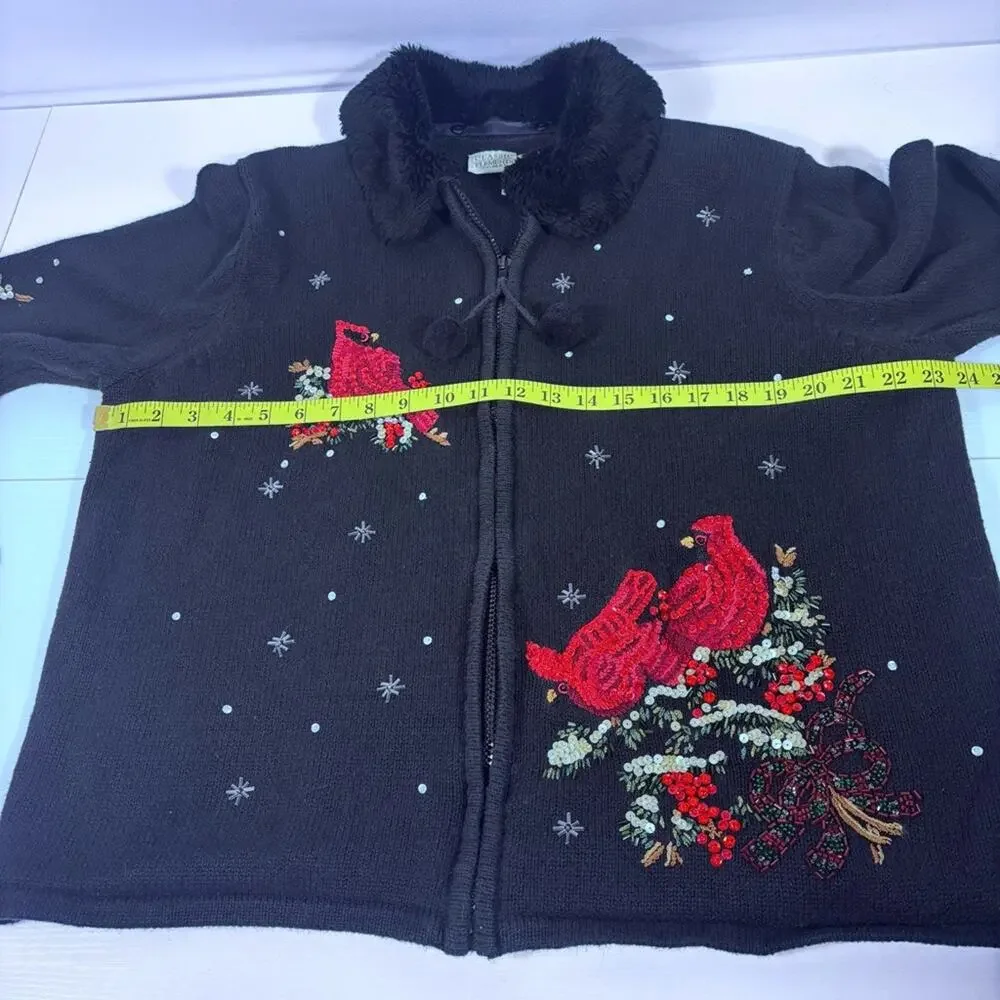 Classic Elements Black Zip-up Cardigan with Red Sequins Cardinals Size XL T4